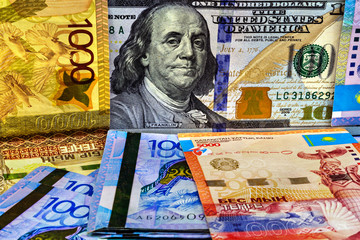 Fototapeta premium Money Kazakhstan Tenge and the US Dollar