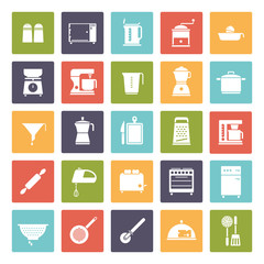 Cooking and Kitchen Solid Vector Icon Collection. Set of 25 kitchen and cooking related icons, negative in colored squares