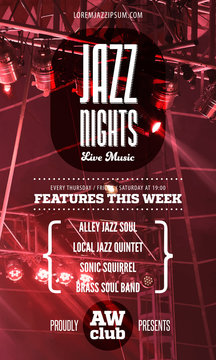 Jazz music poster template. Text instructions included in hidden layer. Vector concert stage background.