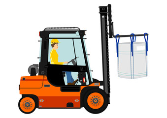 Cartoon forklift with the bulk bag on the forks. Vector on one layer without gradients. - obrazy, fototapety, plakaty