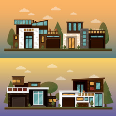 Vector flat illustration of two family house and sweet home banners outdoor street, private pavement, backyard with garage. Office architecture with beautiful plants and bushes. Private house banner