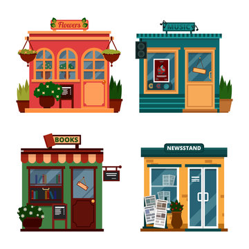 Vector illustration of buildings that are shops for buying decorations and leisure accessories. Set of nice flat shops. Different Showcases - Flowers, music, books, newsstand with sound box.