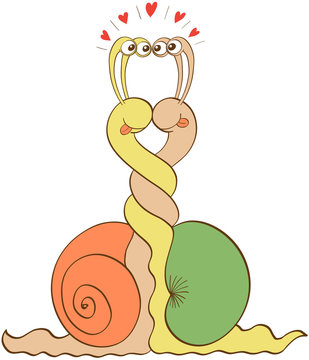 Enthusiastic snails in a love encounter, smiling, sticking their tongues out, staring at each other and intertwining their bodies while taking a vertical position and showing plenty of red hearts