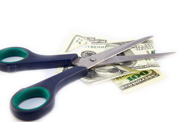 Dollars are cutting with scissors on a white background.