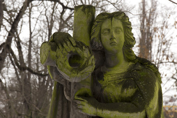 Obraz premium Statue from the mystery old Prague Cemetery Olsany, Czech Republic