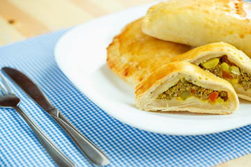 Pie stuffed with meat on a white plate and blue checkered tablec