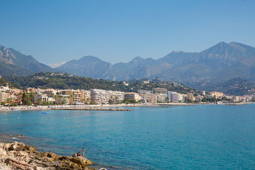 Cap Martin and Roquebrune, blue sea of French riviera in a sunny day