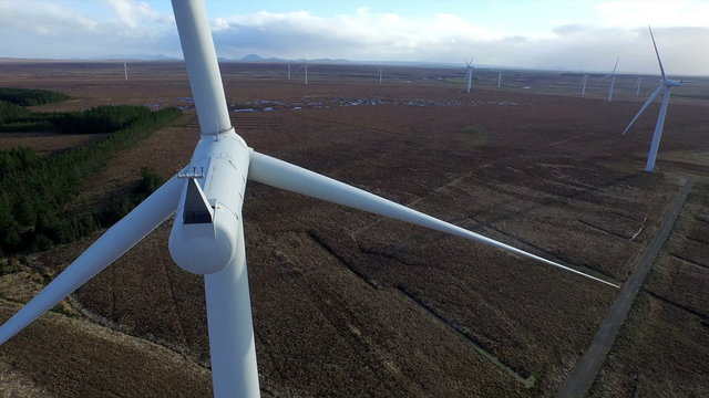 Stunning aerial shot of wind turbine's near Scrabster, highland, Scoland
