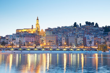 Obraz premium Menton, old city illuminated in the evening, French riviera