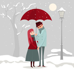 A Vector Illustration of a man giving flowers to his lover on a winter day.
