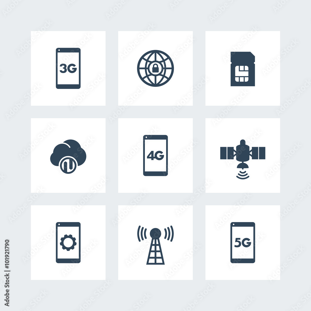 Wall mural wireless technology icons, mobile communication, connection signs, 4g, 5g icons on squares, vector illustration