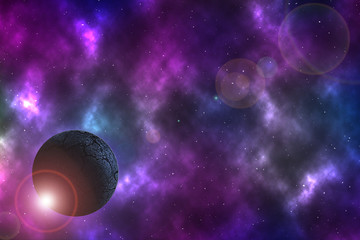 Fototapeta na wymiar arid planet on space with colorful nebula