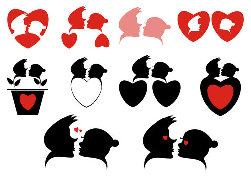 Love silhouette symbols collection. Loving couples and hearts silhouette collection for design
