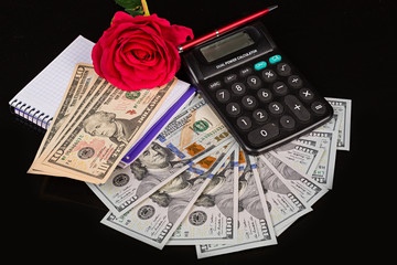 Obraz na płótnie Canvas Dólares en billetes, calculadora y rosa.