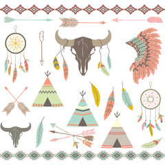 Tribal decorative Elements set.Feathers,Indian Dream Catcher,Arrow,Aztec Tribal,Feather Headdress,Teepee Tents,Skull.