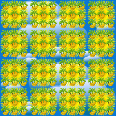 Banana seamless pattern. Tile-able large ornament about banana fruits and palms against the sun and sky. Openclipart elements.