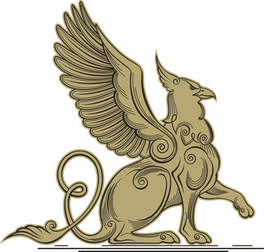 Monochrome vector illustration of a griffin - a mythical creature with the head, claws and wings of an eagle and a lion's body.