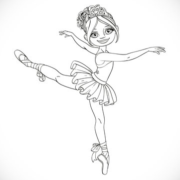 Ballerina girl dancing in ballet tutu outlined isolated on a whi