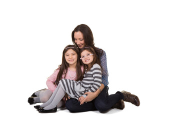 A mother and her daughters bonding isolated on white