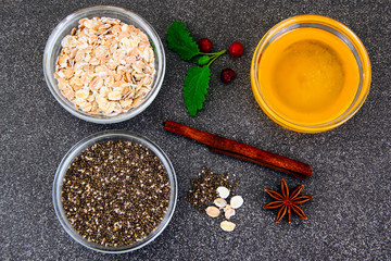 Chia Seeds, Oatmeal, Honey in Glass Bowl