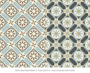 Retro Seamless Pattern 2 Color Set_014 Round Square Star Flower
