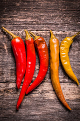 red chili peppers on the wooden table