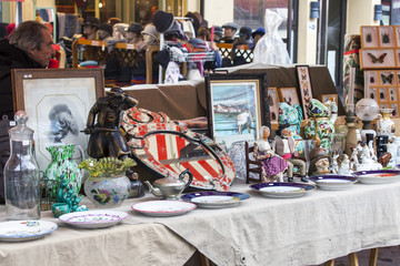 NICE, FRANCE - on JANUARY 11, 2016. Goods in a flea market on Cours Saleya Square. 