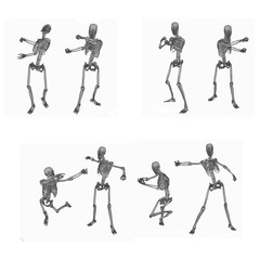 digitally rendered illustration of human skeletons in various poses