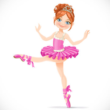 Graceful brunette ballerina girl dancing in pink dress isolated