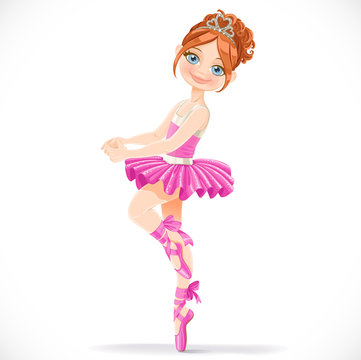 Pretty brunette ballerina girl dancing in pink dress isolated on