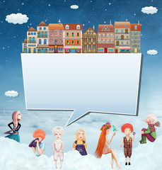 llustration of a banner with houses,children and clouds