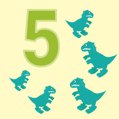 The number 5. Five dinosaurs (t-Rex ).