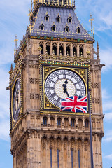 London England Big Ben Clock and Bell Tower, British Flag Union Jack