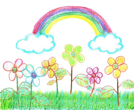 Child-like crayon drawing of a garden full of flowers with rainbow overhead