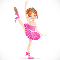 Brunette ballerina girl dancing in pink dress isolated on a whit