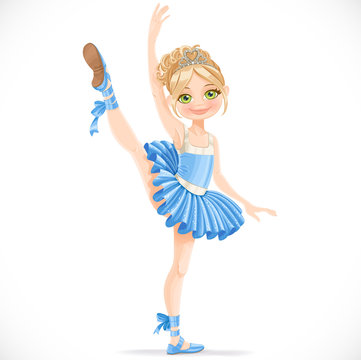 Blond ballerina girl dancing in blue dress