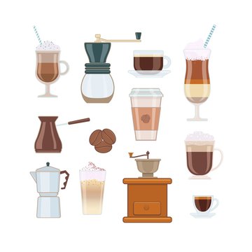 Set of Coffee Types and Coffee Accessories on White Background