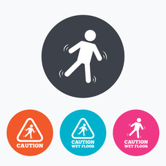 Caution wet floor icons. Human falling signs.