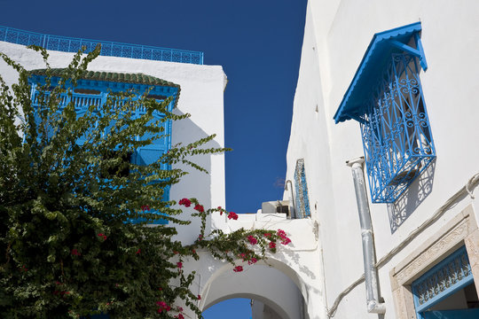 Tunisia. Sidi Bou Said - typical building with white walls, blue doors and windows