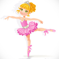Fototapeta na wymiar Beautiful little blond ballerina girl in pink dress isolated on