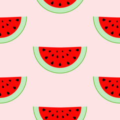 Colorful seamless pattern of watermelon slices. Vector illustration of summer sliced melon fruits. Eco food illustration.