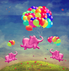 Cute  illustration of  flying elephants with balloons in the sky 