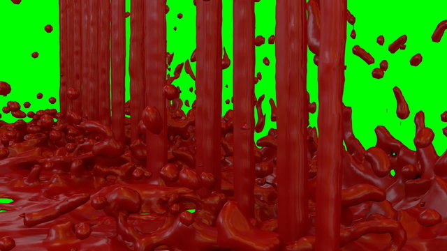 Animated dripping, pouring and splashing blood against green background in slow motion 8b.