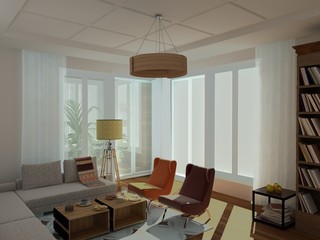 Bright, cozy sitting room in modern house in countryside estate with rounded chandelier, retro floor lamp, retro armchairs, large white couch, book shelves, coffe table and cup of tea