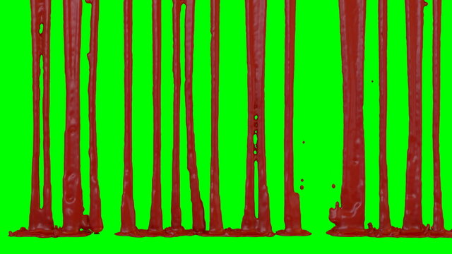 Animated dripping, pouring and splashing blood against green background in slow motion 8b.