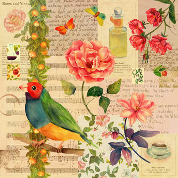 Vintage style collage background with mockups of old newspaper, butterflies and birds