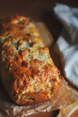 cake with blue cheese, pear and walnuts