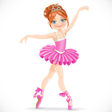 Beautiful brunette ballerina girl dancing in pink dress isolated