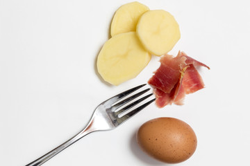 potato, raw egg and ham