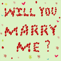 Text will You marry me? of rose petals on a blue background, frame of hearts.  All objects are grouped. Vector.